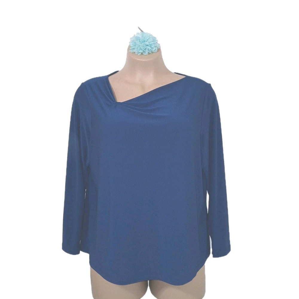 Linea Louis Dell'Olia Top 2X Women Teal Asymmetric Neck Minimalist Solid Classic
